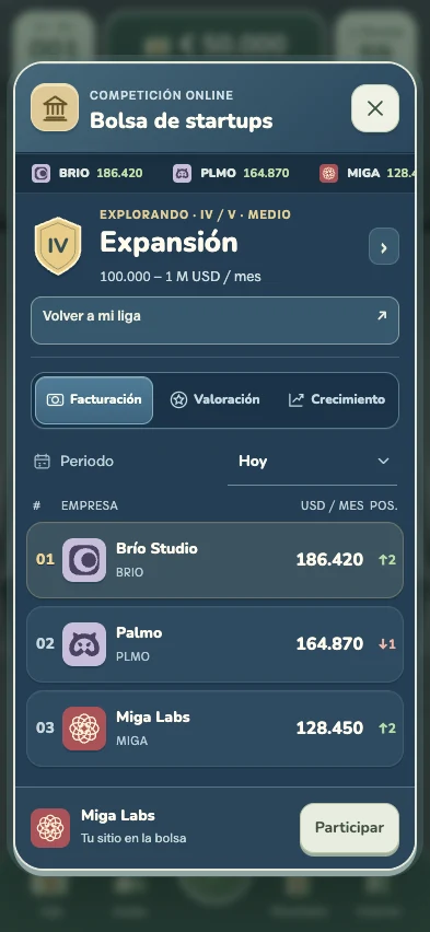 Pantalla de la Bolsa de startups con clasificación de facturación en la liga Expansión