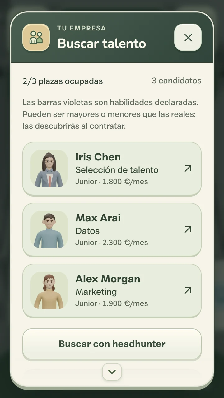 Pantalla de contratación de talento del juego